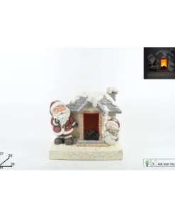 Casetta Con Babbo Natale Luce Led Effetto Fuoco A Batteria 37X26X38 Cm