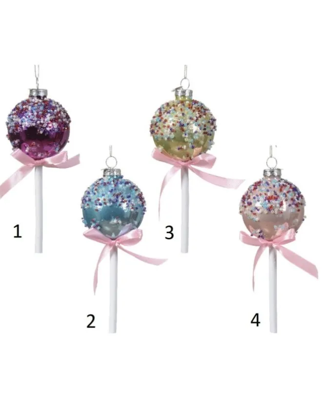 Decoro Lecca Lecca In Vetro Lucido Smalto C Granelli, Perline, Fiocco 4 Varianti