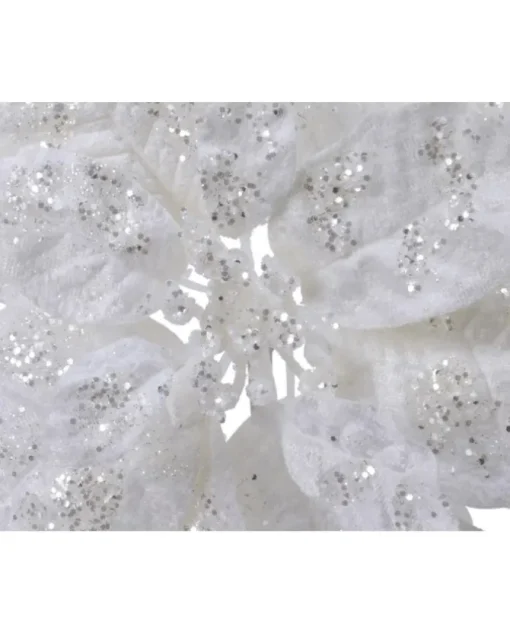 Fiore Poinsettia Bianca Su Clip Poliestere Glitter