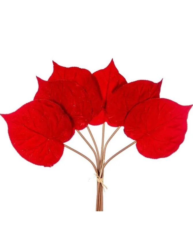 Mazzo 6 Foglie Ortensia Velvet 57Cm Rossa Per Decorazioni Di Natale