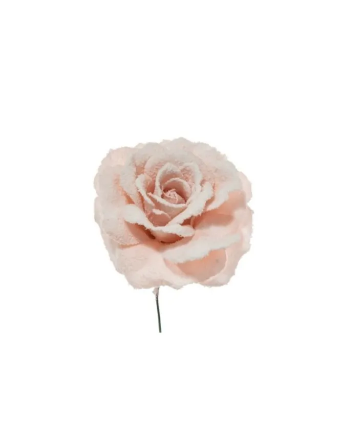 Pick Fiore Rosa Innevata Cipria 17Cm Per Decorazioni Natalizie