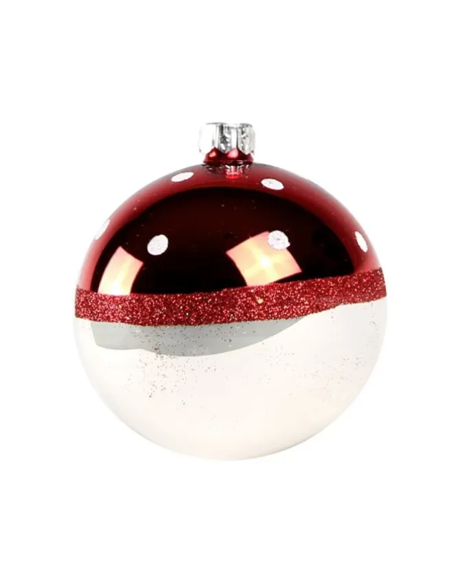 1Pz Pallina Di Vetro Decorata A Mano Rosso E Bianco Lucido 80Mm
