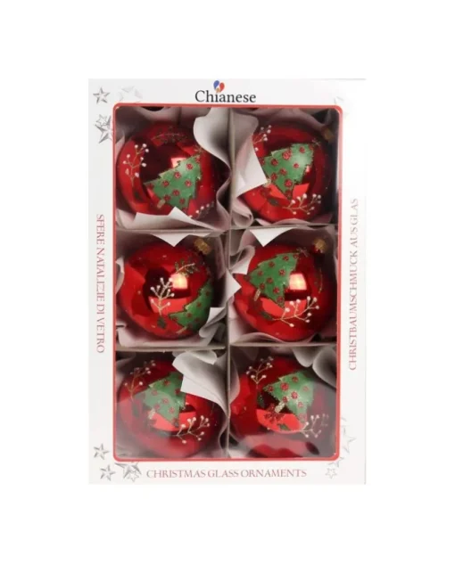 1Pz Pallina Di Vetro Decorata A Mano Rosso Lucido 80Mm