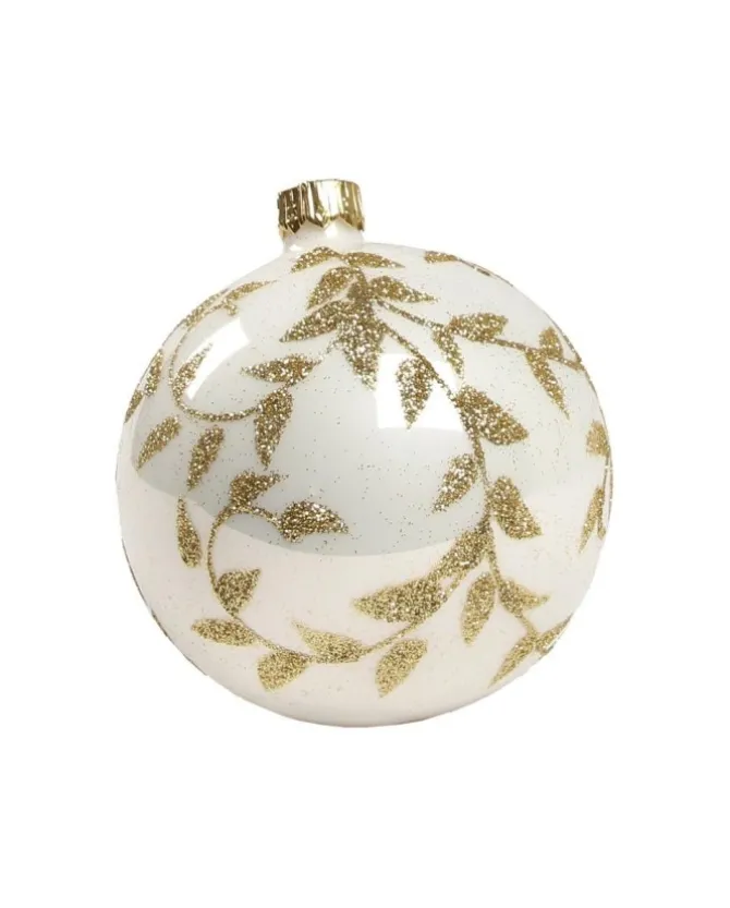 1Pz Pallina Di Vetro Decorata A Mano Bianco Lucido 80Mm