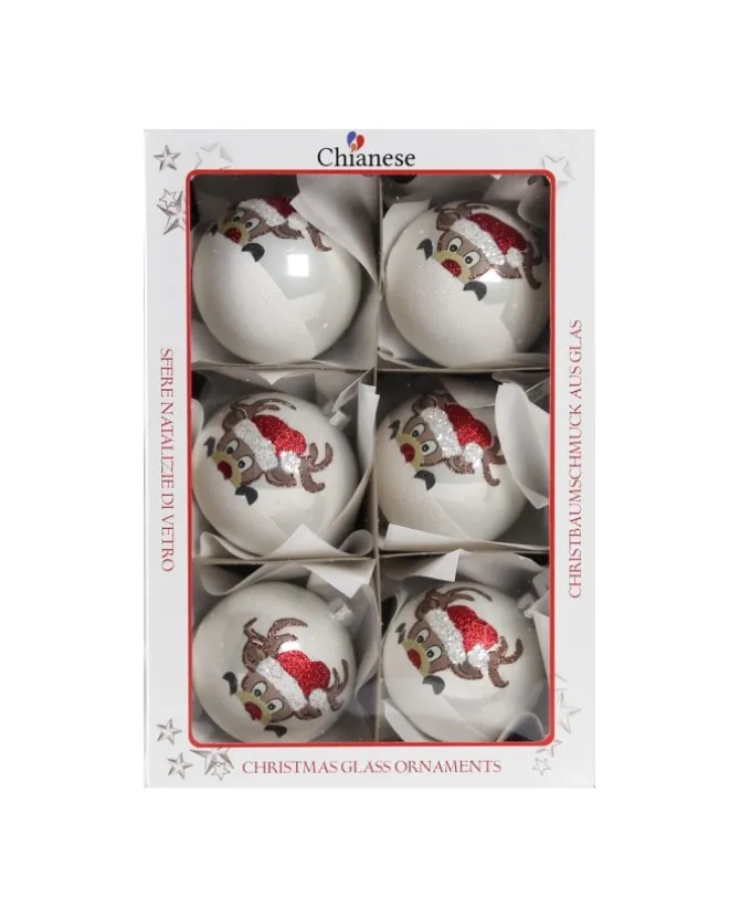 1Pz Pallina Di Vetro Decorata A Mano Bianco Lucido Con Renna 80Mm