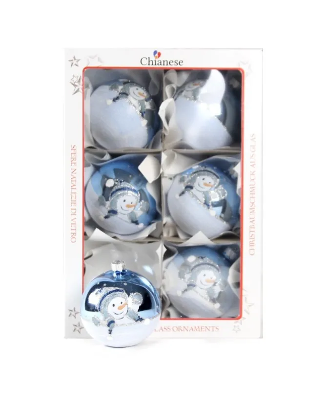 1Pz Pallina In Vetro Decorata A Mano Azzurro Lucido 80Mm