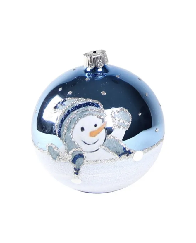 1Pz Pallina In Vetro Decorata A Mano Azzurro Lucido 80Mm