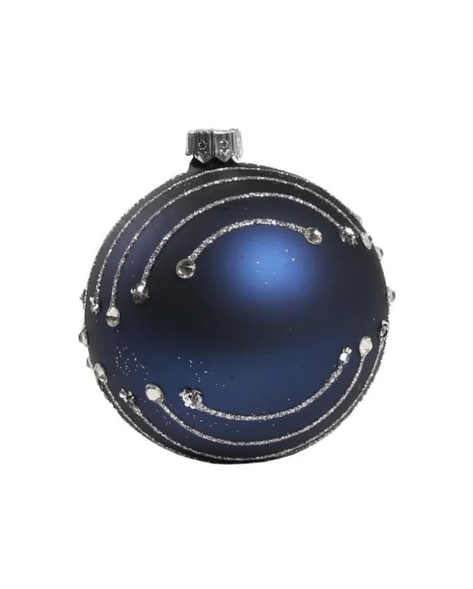 1Pz Pallina In Vetro Decorata A Mano Blu Opaco 80Mm