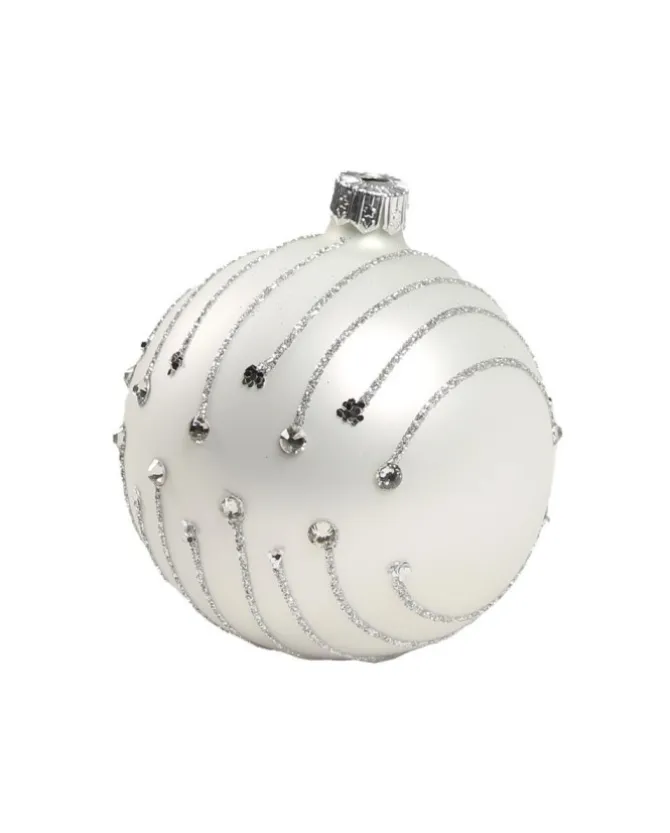 1Pz Pallina In Vetro Decorata A Mano Bianco Opaco 80Mm