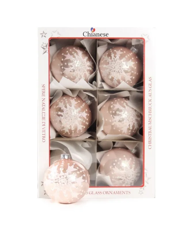 1Pz Pallina In Vetro Decorata A Mano Rosa Lucido 80Mm