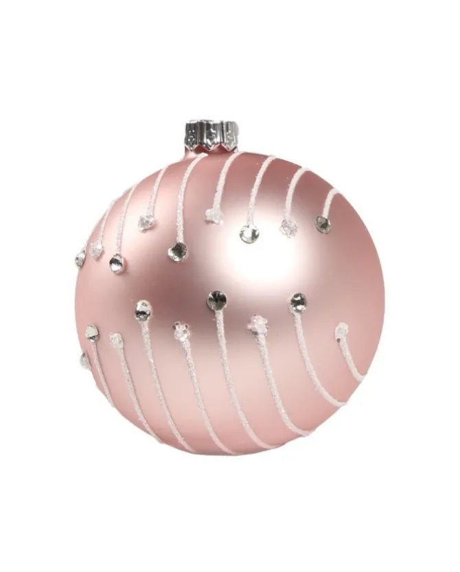 1Pz Pallina In Vetro Decorata A Mano Rosa Opaco 80Mm