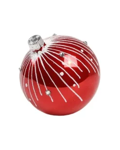 1Pz Pallina Sfera Di Vetro Decorata A Mano Rosso Lucido 80Mm